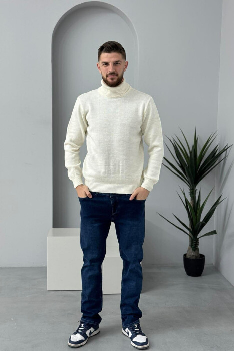 TURTLE NECK ONE COLOR MEN SWEATER CREAM/KREM - KLAUDIO FASHION