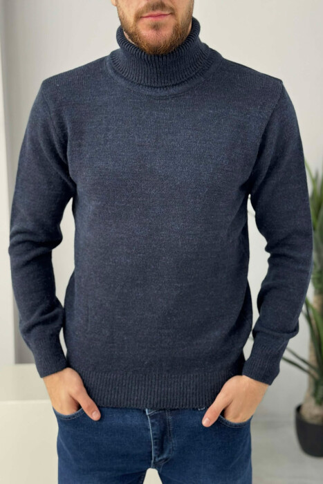 TURTLE NECK ONE COLOR MEN SWEATER DARK BLUE/BEE - KLAUDIO FASHION