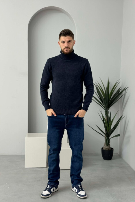 TURTLE NECK ONE COLOR MEN SWEATER DARK BLUE/BEE - 1