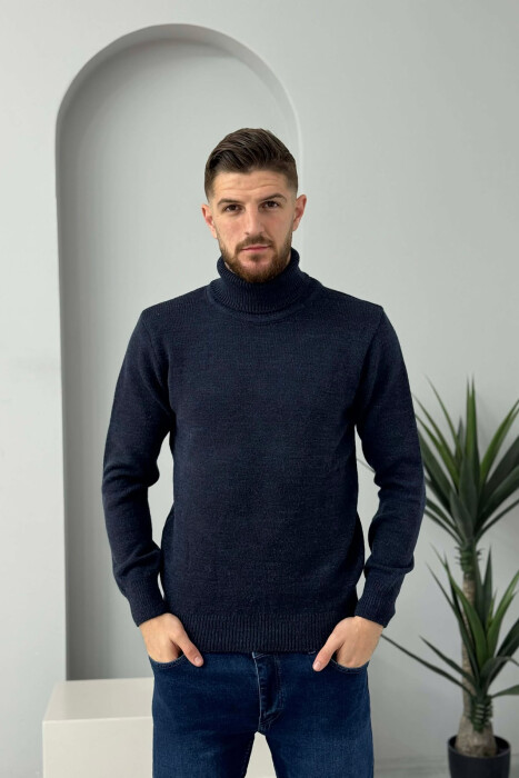 TURTLE NECK ONE COLOR MEN SWEATER DARK BLUE/BEE - 3