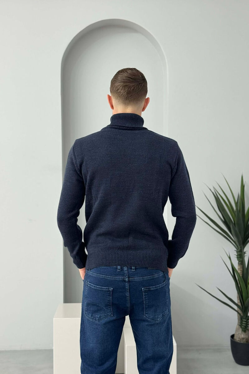 TURTLE NECK ONE COLOR MEN SWEATER DARK BLUE/BEE - 4