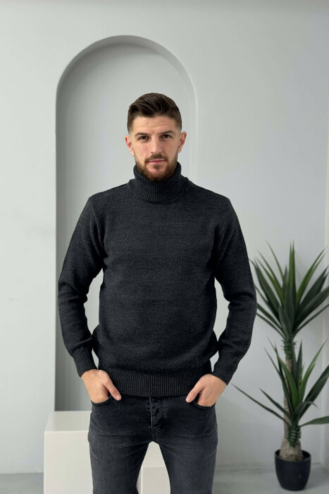 TURTLE NECK ONE COLOR MEN SWEATER DARK GREY/GEE - 3