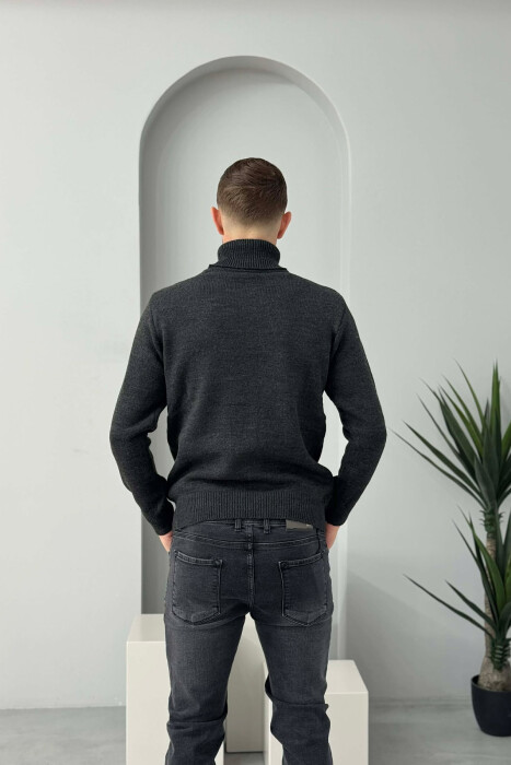 TURTLE NECK ONE COLOR MEN SWEATER DARK GREY/GEE - 4