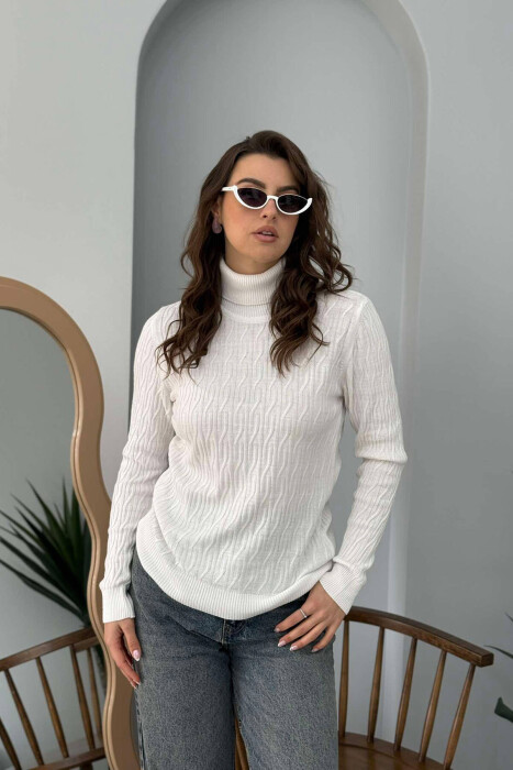 TURTLE NECK ONE COLOR WOMEN SWEATER WHITE-E BARDHE - KLAUDIO FASHION