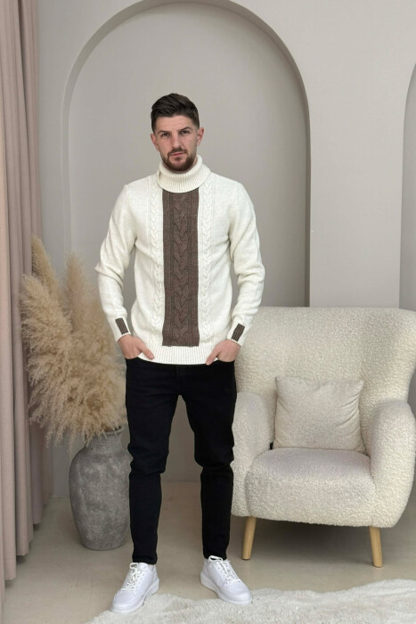 TURTLE NECK SIMPLE MEN SWEATER CREAM-BROWN/KRKA 