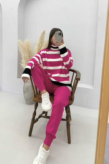 TURTLE NECK STRIPED SWEATER+TROUSERS KNIT WOMEN SET FUCHSIA/CIKLAMI - 