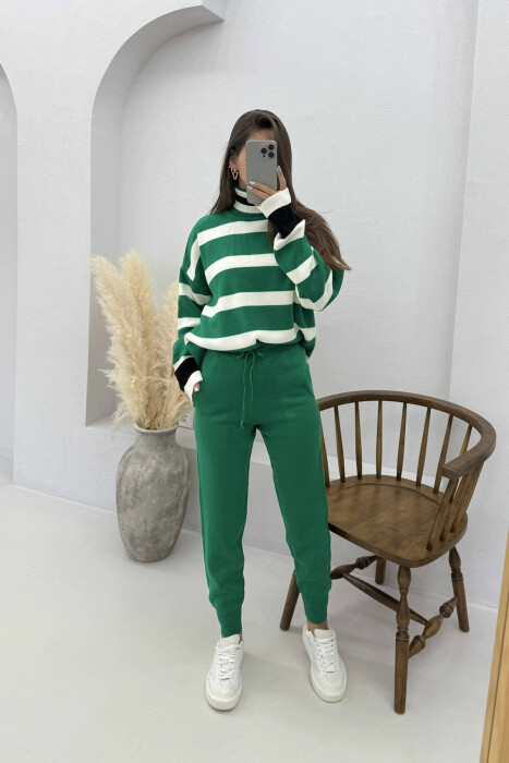 TURTLE NECK STRIPED SWEATER+TROUSERS KNIT WOMEN SET GREEN/JESHILE 