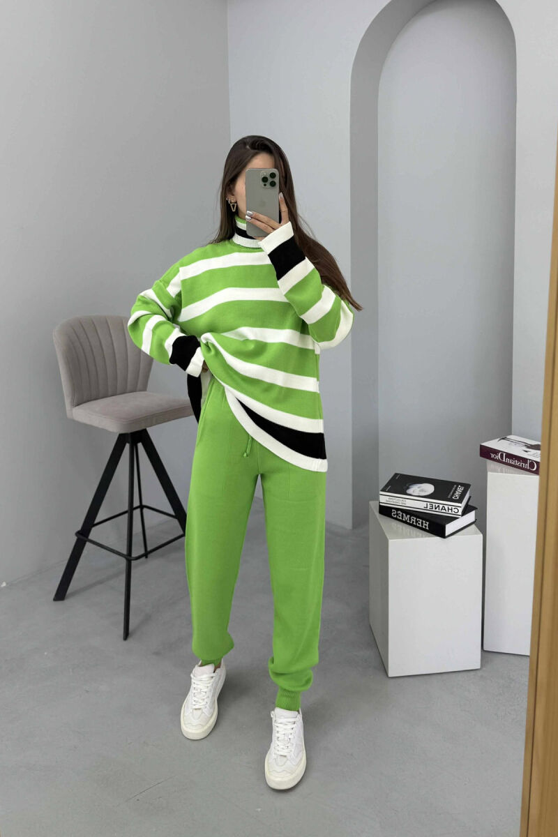 TURTLE NECK STRIPED SWEATER+TROUSERS KNIT WOMEN SET LIGHT GREEN/JEZB - 1