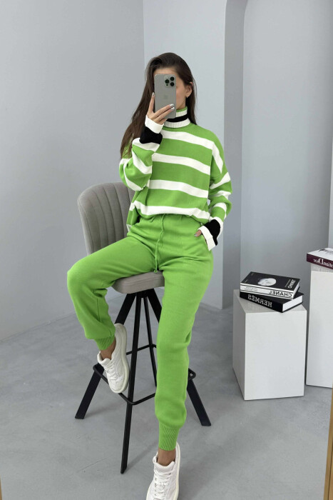 TURTLE NECK STRIPED SWEATER+TROUSERS KNIT WOMEN SET LIGHT GREEN/JEZB - 2