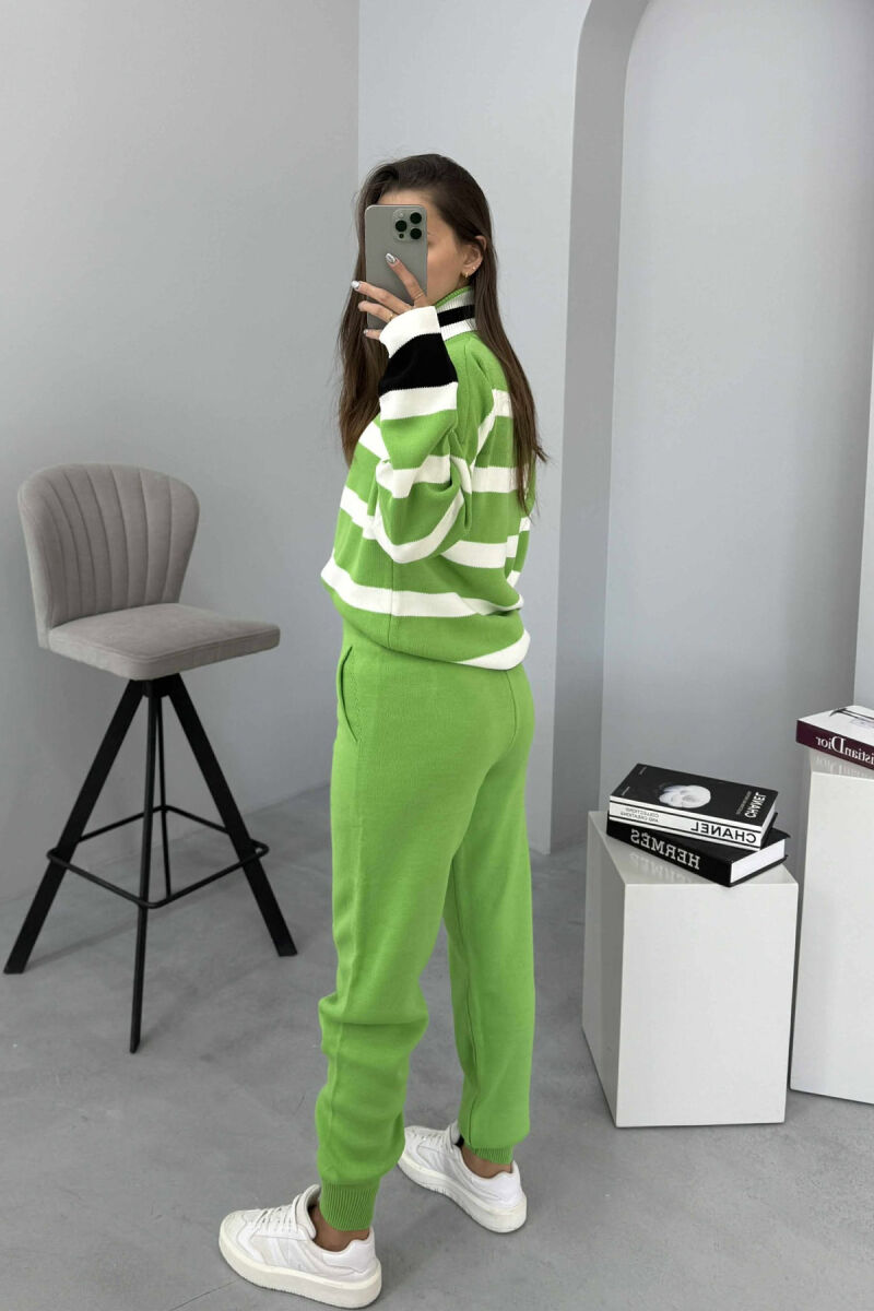 TURTLE NECK STRIPED SWEATER+TROUSERS KNIT WOMEN SET LIGHT GREEN/JEZB - 3