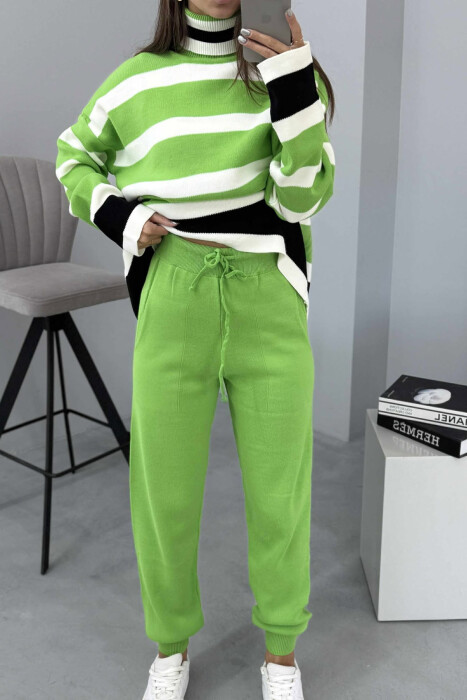 TURTLE NECK STRIPED SWEATER+TROUSERS KNIT WOMEN SET LIGHT GREEN/JEZB - 4