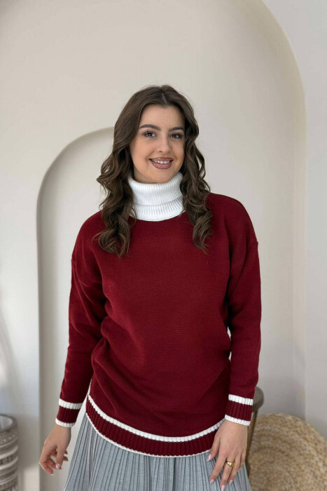 TURTLE NECK SIMPLE WOMEN SWEATER BURGUNDY/VISHNJE - KLAUDIO FASHION
