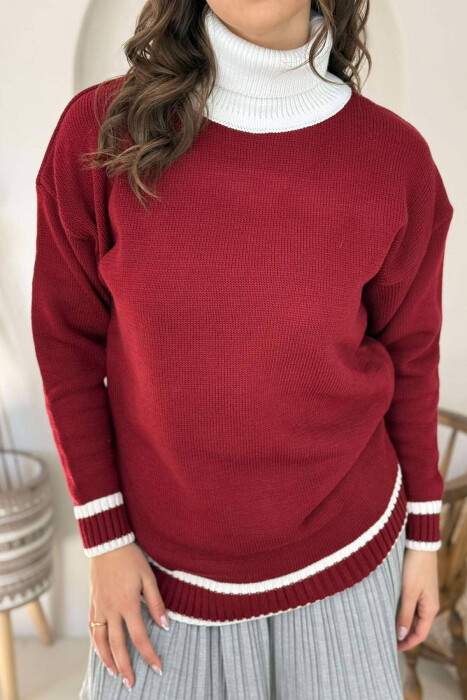 TURTLE NECK SIMPLE WOMEN SWEATER BURGUNDY/VISHNJE - 3