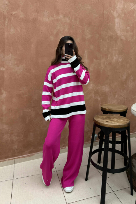 TURTLE NECK SWEATER+TROUSERS STRIPED KNIT WOMEN SET FUCHSIA/CIKLAMI - 