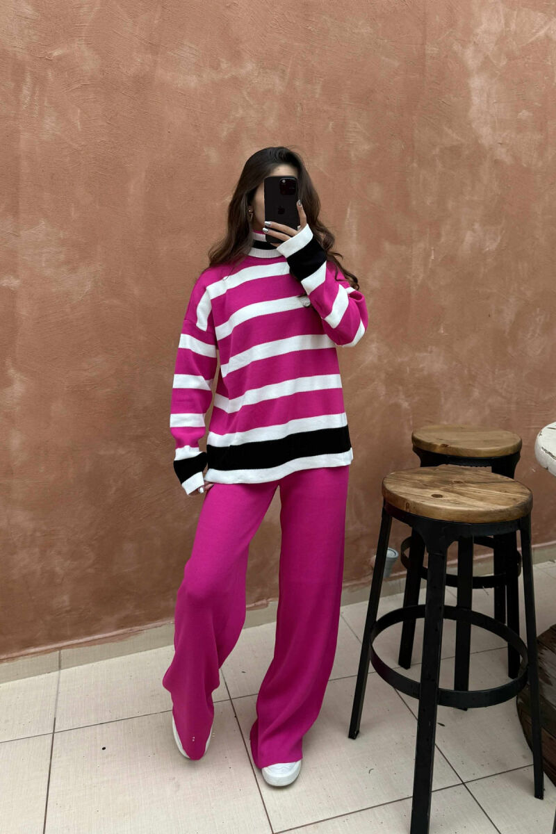 TURTLE NECK SWEATER+TROUSERS STRIPED KNIT WOMEN SET FUCHSIA/CIKLAMI - 1