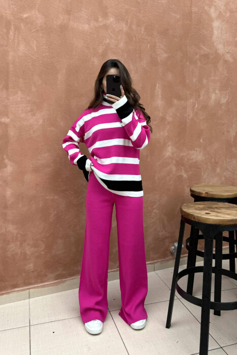 TURTLE NECK SWEATER+TROUSERS STRIPED KNIT WOMEN SET FUCHSIA/CIKLAMI - 2