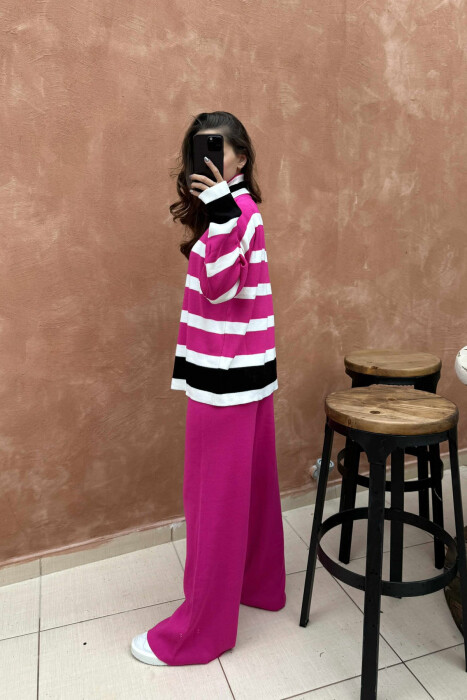 TURTLE NECK SWEATER+TROUSERS STRIPED KNIT WOMEN SET FUCHSIA/CIKLAMI - 3