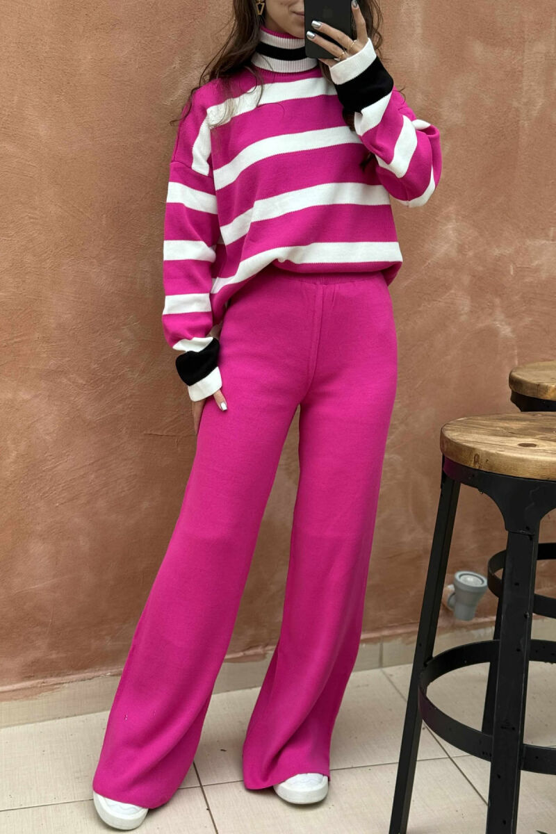 TURTLE NECK SWEATER+TROUSERS STRIPED KNIT WOMEN SET FUCHSIA/CIKLAMI - 4