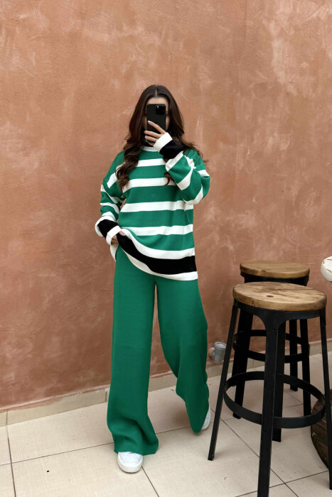 TURTLE NECK SWEATER+TROUSERS STRIPED KNIT WOMEN SET GREEN/JESHILE - 1