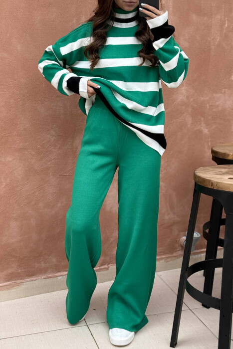 TURTLE NECK SWEATER+TROUSERS STRIPED KNIT WOMEN SET GREEN/JESHILE - 4