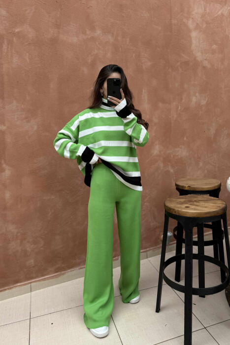 TURTLE NECK SWEATER+TROUSERS STRIPED KNIT WOMEN SET LIGHT GREEN/JEZB - 2