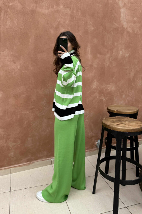 TURTLE NECK SWEATER+TROUSERS STRIPED KNIT WOMEN SET LIGHT GREEN/JEZB - 3