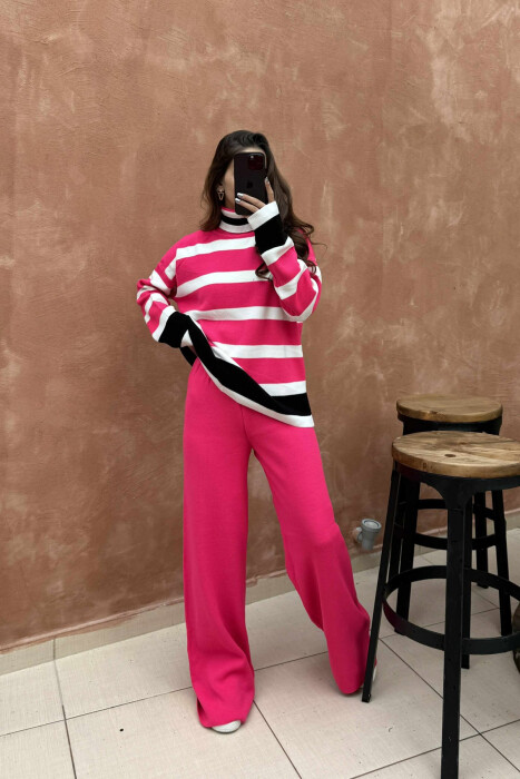TURTLE NECK SWEATER+TROUSERS STRIPED KNIT WOMEN SET PINK/ROZE 