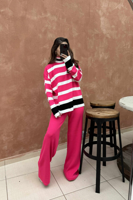 TURTLE NECK SWEATER+TROUSERS STRIPED KNIT WOMEN SET PINK/ROZE - 2