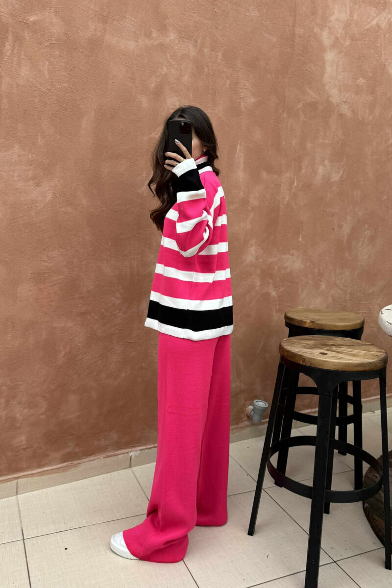 TURTLE NECK SWEATER+TROUSERS STRIPED KNIT WOMEN SET PINK/ROZE - 3