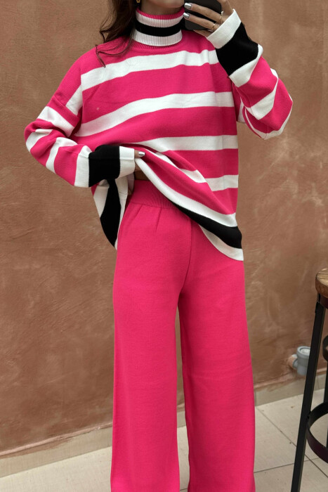 TURTLE NECK SWEATER+TROUSERS STRIPED KNIT WOMEN SET PINK/ROZE - 4