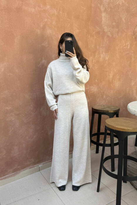TURTLE NECK SWEATER+TROUSERS WOMEN KNIT SET BEIGE/BEZHE - 1