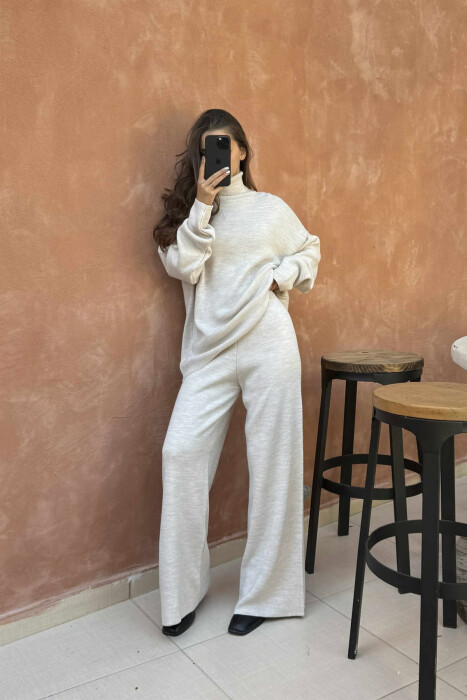 TURTLE NECK SWEATER+TROUSERS WOMEN KNIT SET BEIGE/BEZHE - 3