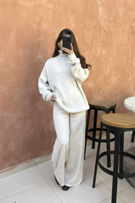 TURTLE NECK SWEATER+TROUSERS WOMEN KNIT SET BEIGE/BEZHE - 4