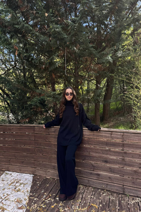 TURTLE NECK SWEATER+TROUSERS WOMEN KNIT SET BLACK/ E ZEZE - 1