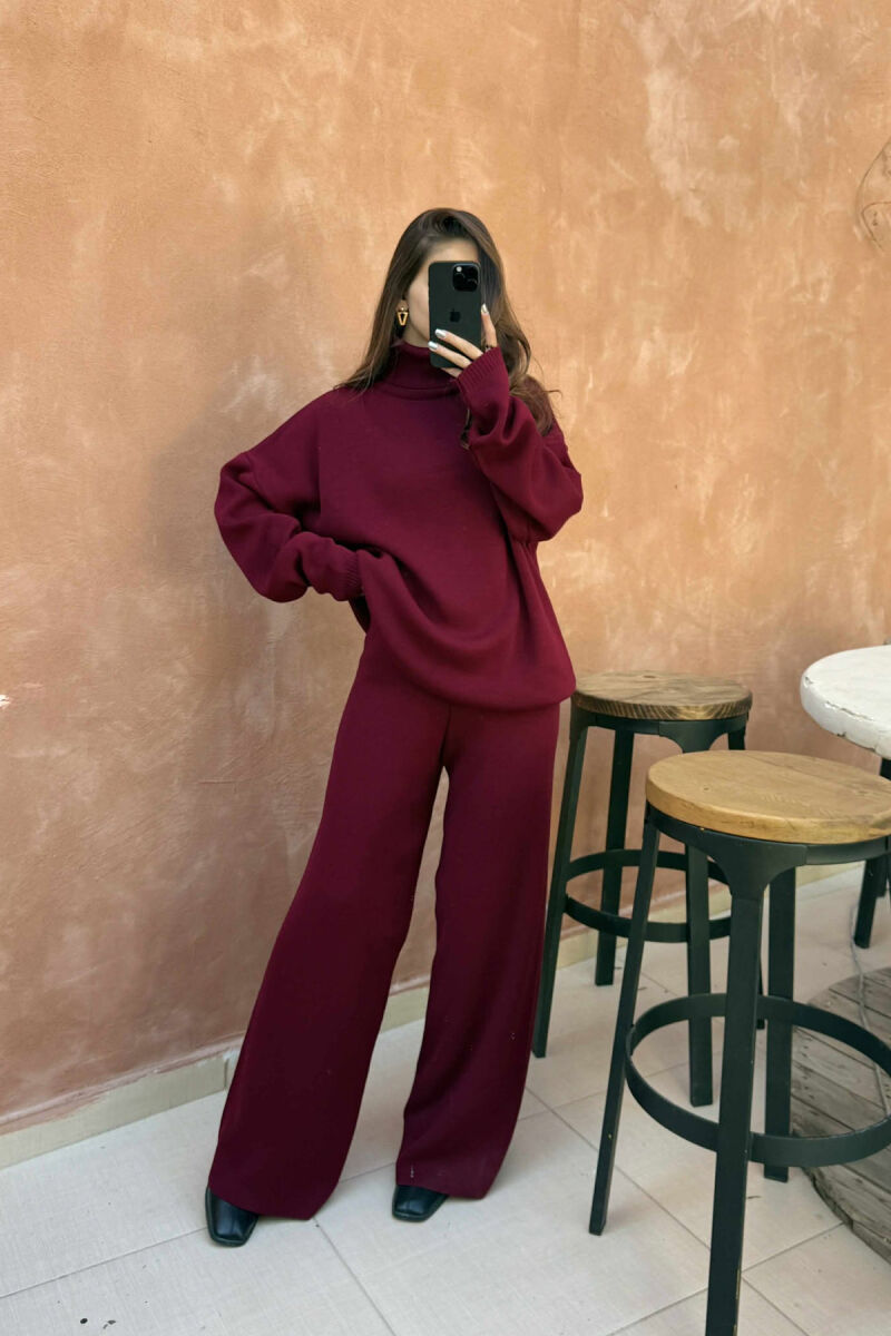TURTLE NECK SWEATER+TROUSERS WOMEN KNIT SET BURGUNDY/VISHNJE - 2
