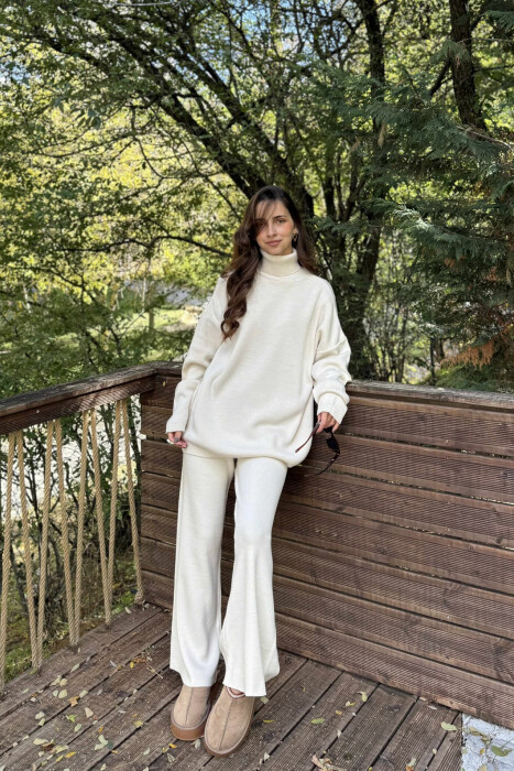 TURTLE NECK SWEATER+TROUSERS WOMEN KNIT SET CREAM/KREM - KLAUDIO FASHION