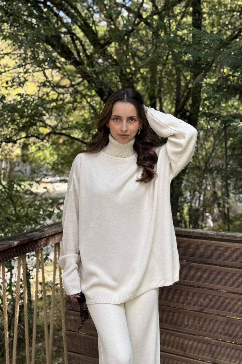 TURTLE NECK SWEATER+TROUSERS WOMEN KNIT SET CREAM/KREM - 3