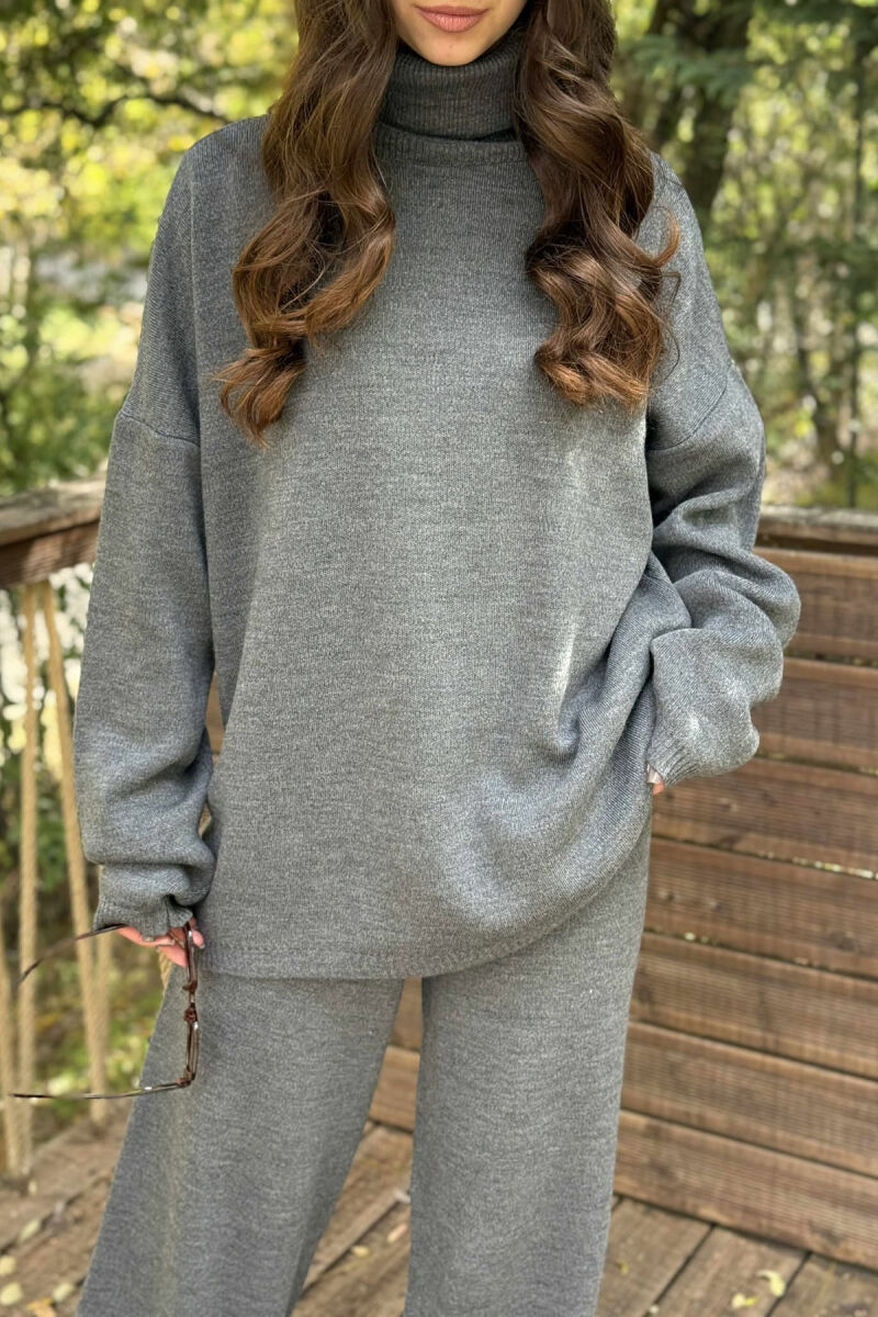 TURTLE NECK SWEATER+TROUSERS WOMEN KNIT SET DARK GREY/GEE - 2