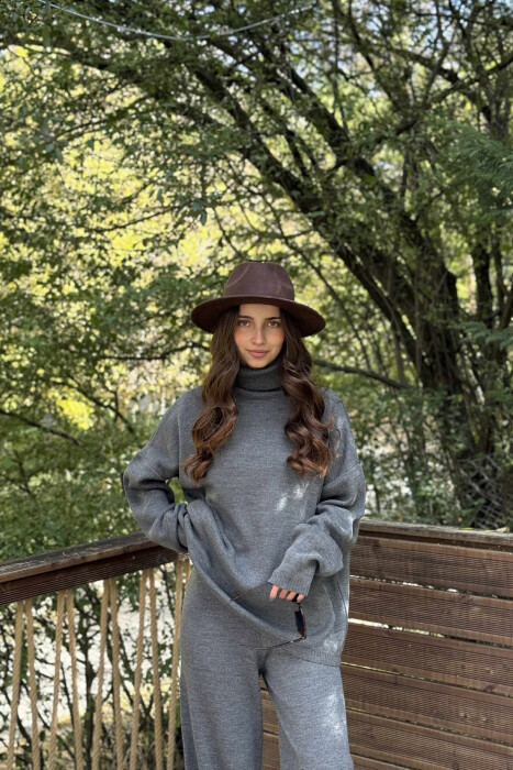 TURTLE NECK SWEATER+TROUSERS WOMEN KNIT SET DARK GREY/GEE - 3