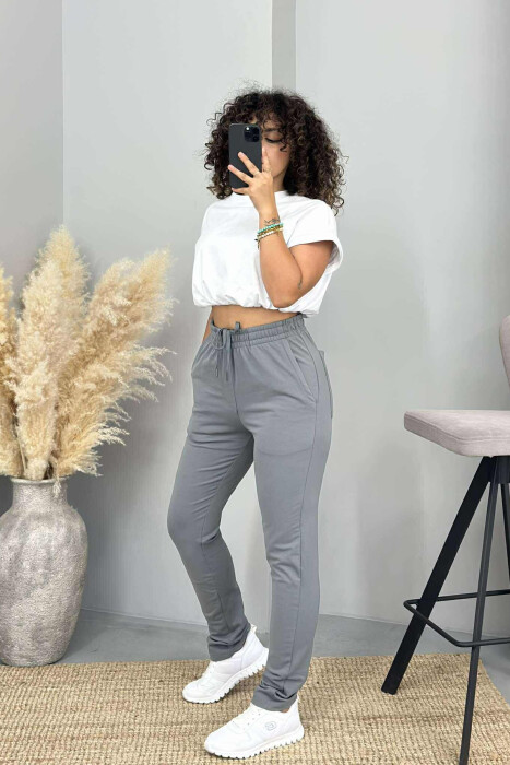 ONE COLOR ELASTIC WAIST SIMPLE WOMEN SWEATPANTS GREY/GRI - 3