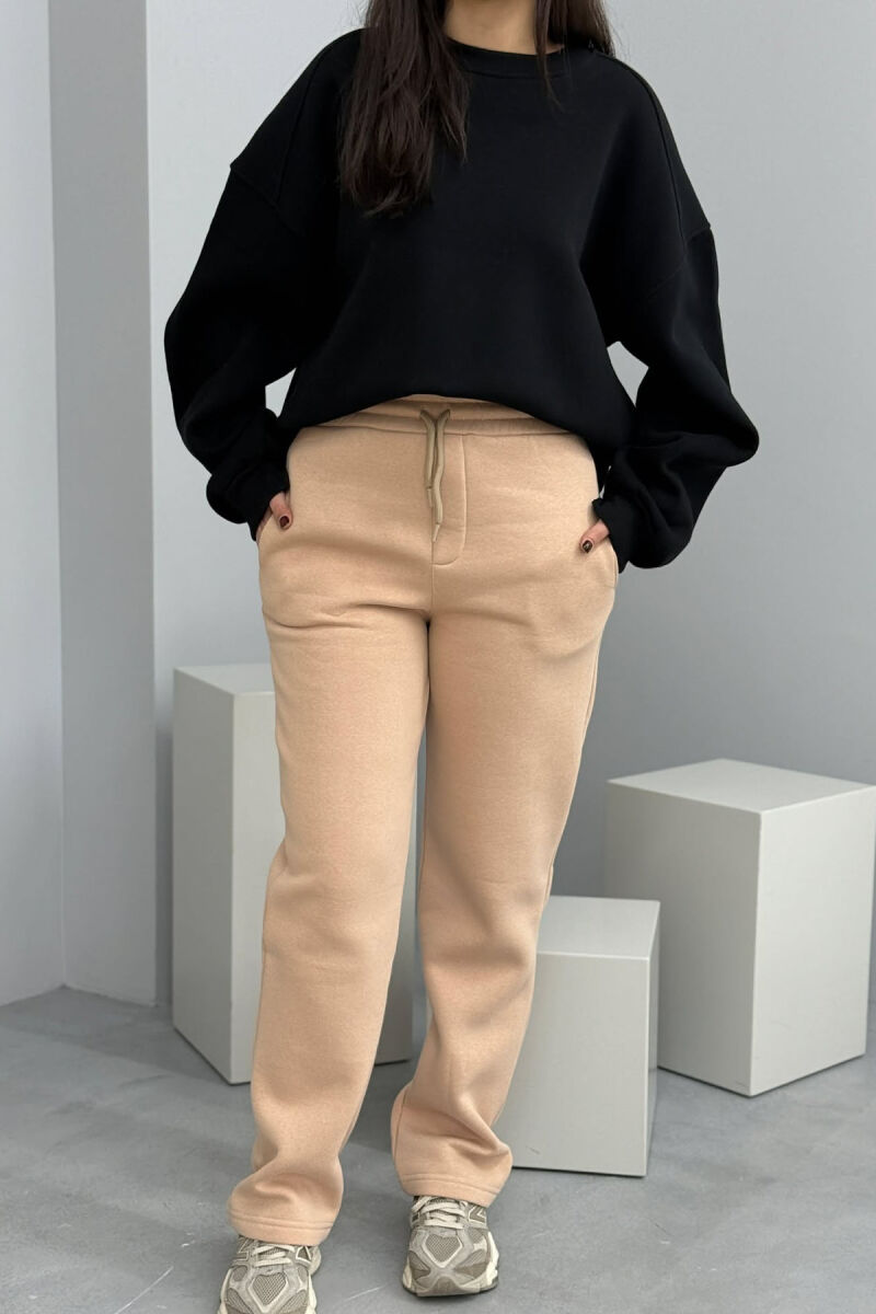 ONE COLOR SIMPLE FLUFFY WOMEN SWEATPANTS DARK BEIGE/BEZHE ERRET - 1