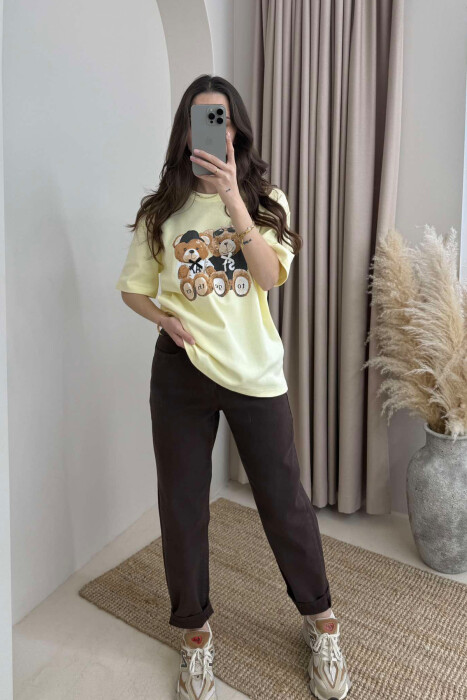 T-SHIRT NJË NGJYRËSH ME IMAZHIN E ARUSHIT PËR FEMRA NË NGJYRËN E VERDHË 