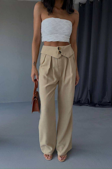TWO BUTTONS DETAIL WIDE LEG WOMEN TROUSERS BEIGE/BEZHE 