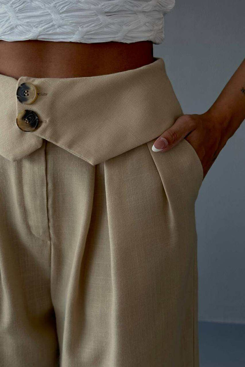 TWO BUTTONS DETAIL WIDE LEG WOMEN TROUSERS BEIGE/BEZHE - 2