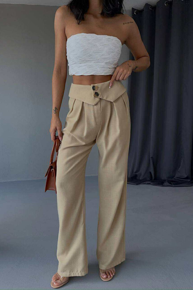 TWO BUTTONS DETAIL WIDE LEG WOMEN TROUSERS BEIGE/BEZHE - 3