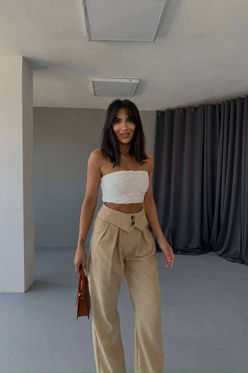 TWO BUTTONS DETAIL WIDE LEG WOMEN TROUSERS BEIGE/BEZHE - 4