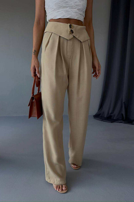 TWO BUTTONS DETAIL WIDE LEG WOMEN TROUSERS BEIGE/BEZHE - 5