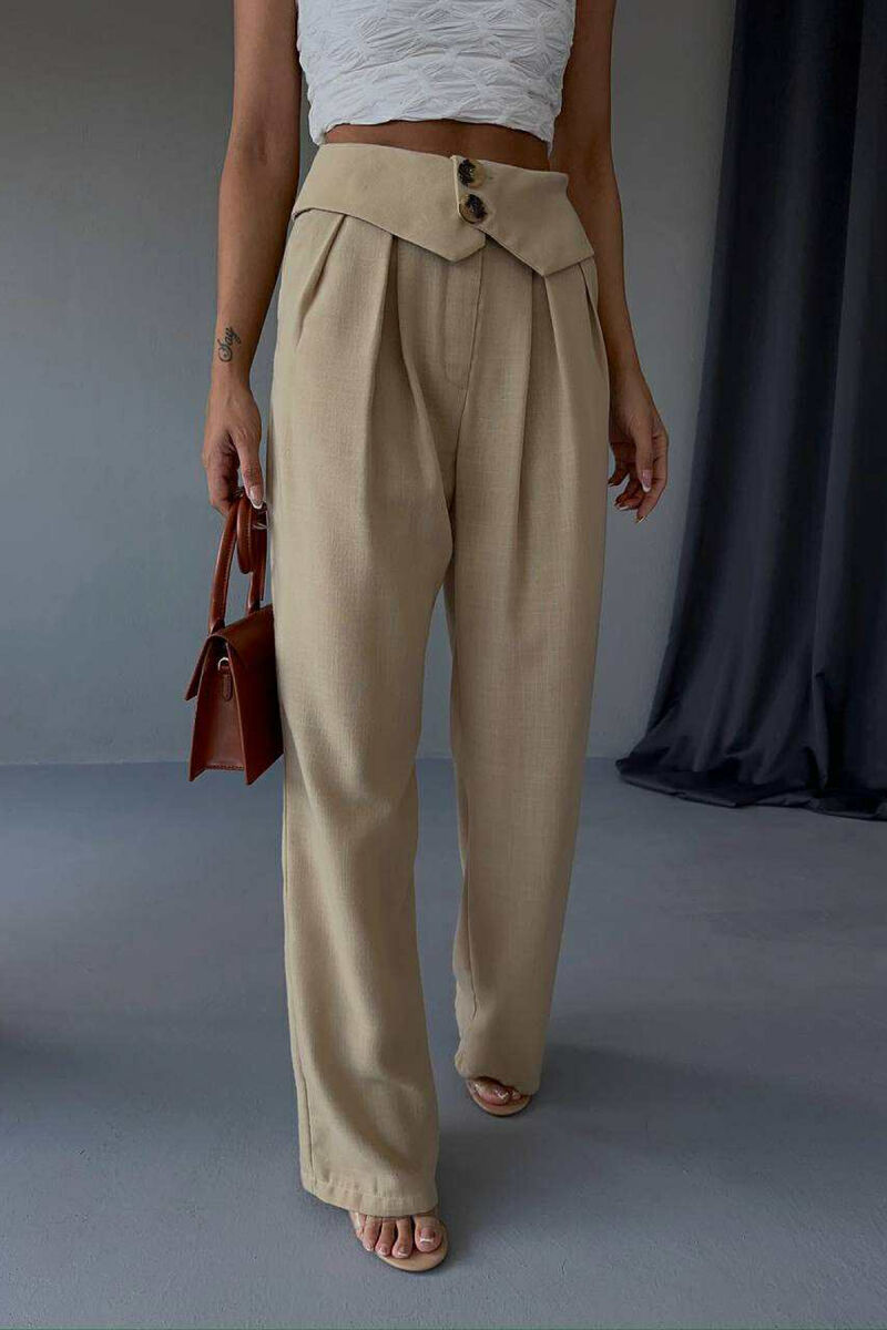 TWO BUTTONS DETAIL WIDE LEG WOMEN TROUSERS BEIGE/BEZHE - 5