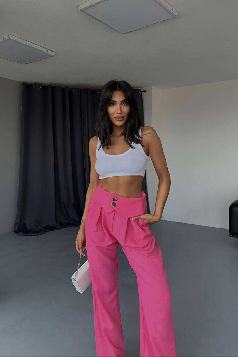 TWO BUTTONS DETAIL WIDE LEG WOMEN TROUSERS PINK/ROZE - 4