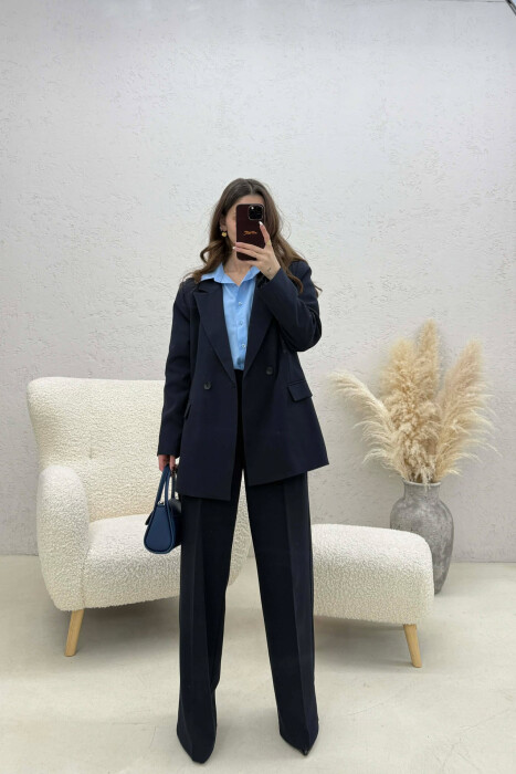 TWO BUTTONS JACKET+TROUSERS CLASSIC WOMEN SET DARK BLUE/BEE 